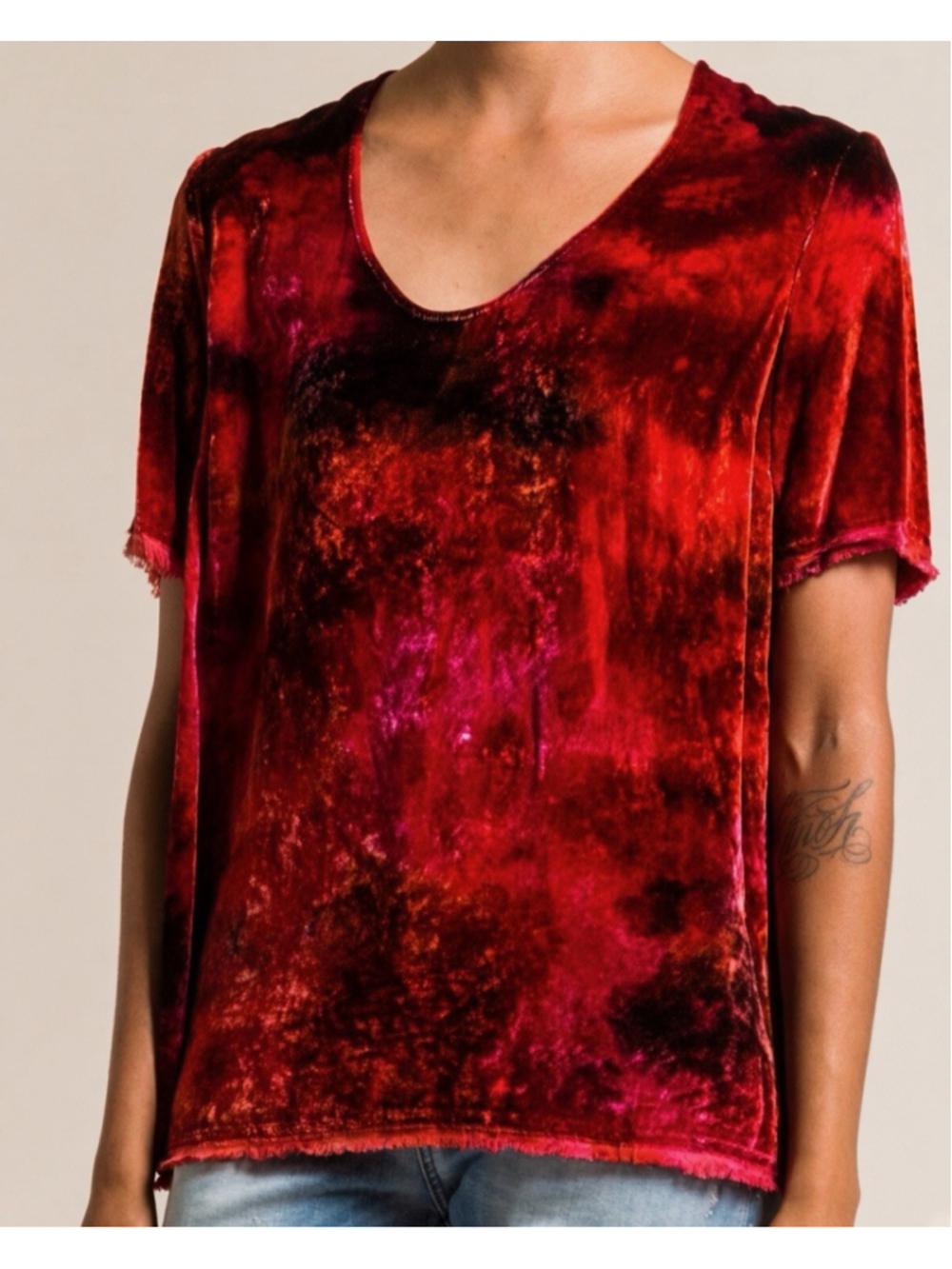 Raquel Allegra Silk Blend Velvet Raw Edge Top in Ruby Sz 0 XS Luxe Boho Grunge